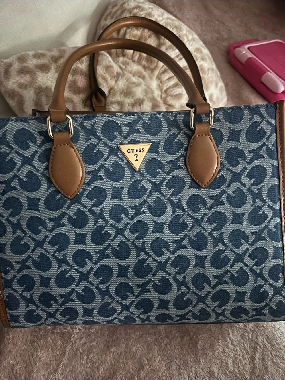GUESS Blue Monogram Tote with Brown Trim and Gold Logo